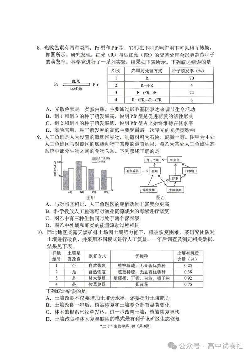 生物试题_2024-2026高三（6-6月题库）_2026年04月高三试卷_260402四川省南充市高2026届高考适应性考试（二诊）（全科）