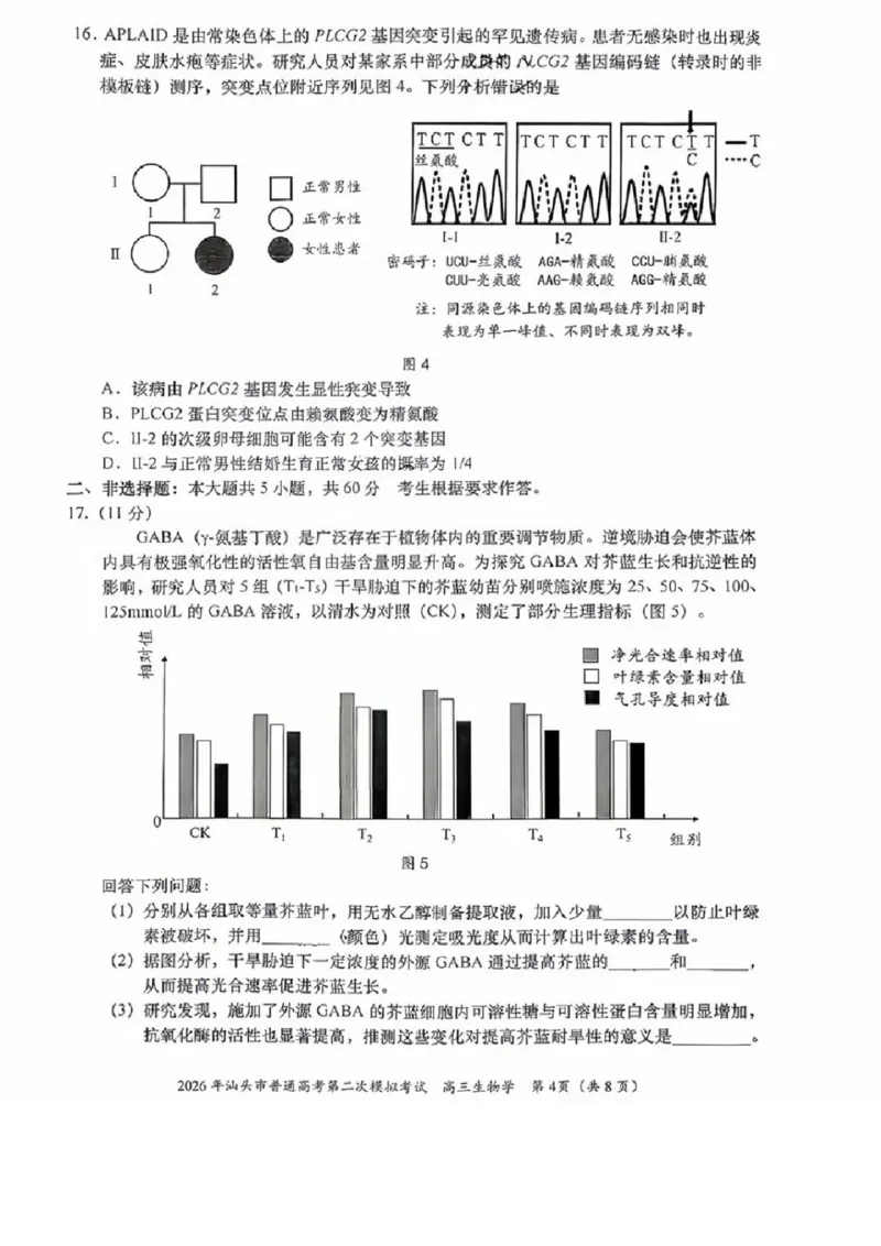 生物试题卷_2024-2026高三（6-6月题库）_2026年04月高三试卷_260428广东省汕头市2026年高三年级普通高考第二次模拟考试（全科）_2026年汕头市普通高考第二次模拟考试生物