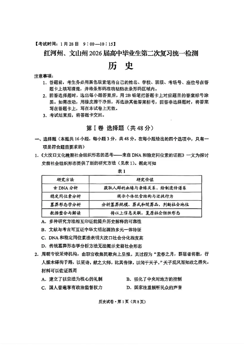红河州、文山州2026届高中毕业生第二次复习统一检测历史+答案_2024-2026高三（6-6月题库）_2026年02月高三试卷_260203云南省红河州、文山州2026届高中毕业生第二次复习统一检测（全科）