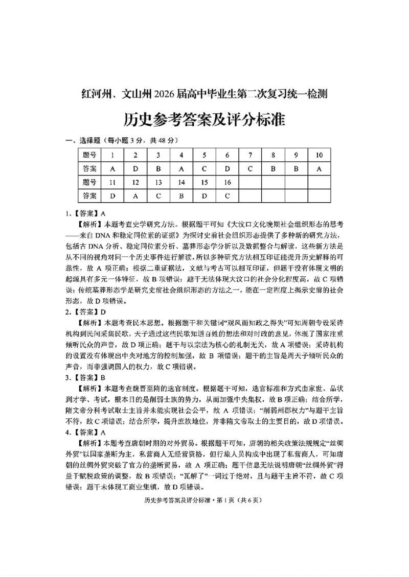 红河州、文山州2026届高中毕业生第二次复习统一检测历史+答案_2024-2026高三（6-6月题库）_2026年02月高三试卷_260203云南省红河州、文山州2026届高中毕业生第二次复习统一检测（全科）