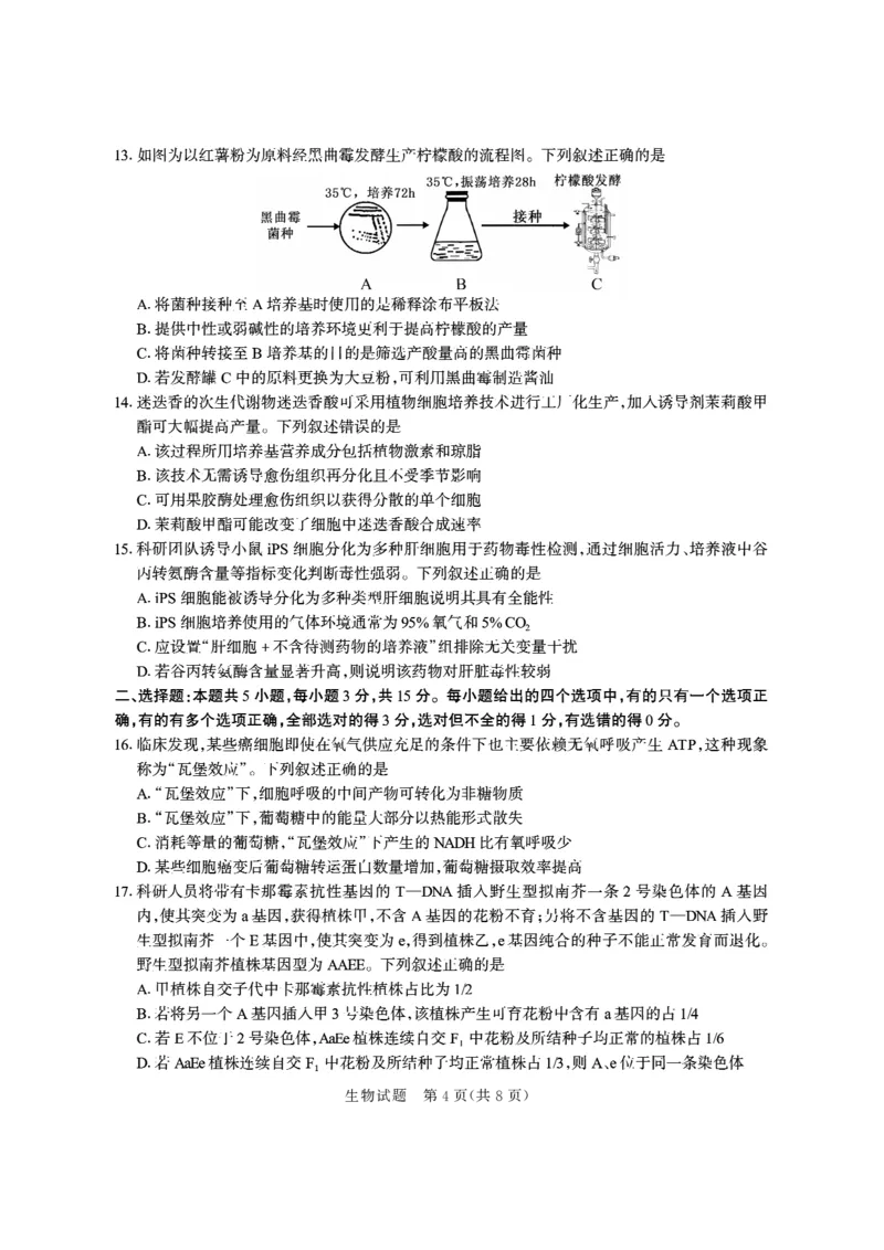 德州市高三年级4月学习质量综合评估生物_2024-2026高三（6-6月题库）_2026年04月高三试卷_260426山东省德州市高三年级4月学习质量综合评估（德州二模）（全科）
