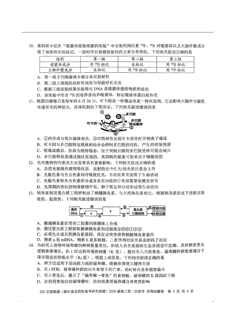 生物-浙江Z20名校联盟2026届高三第二次联考_2024-2026高三（6-6月题库）_2026年03月高三试卷_260302Z20名校联盟(浙江省名校新高考研究联盟)2026届高三第二次联考
