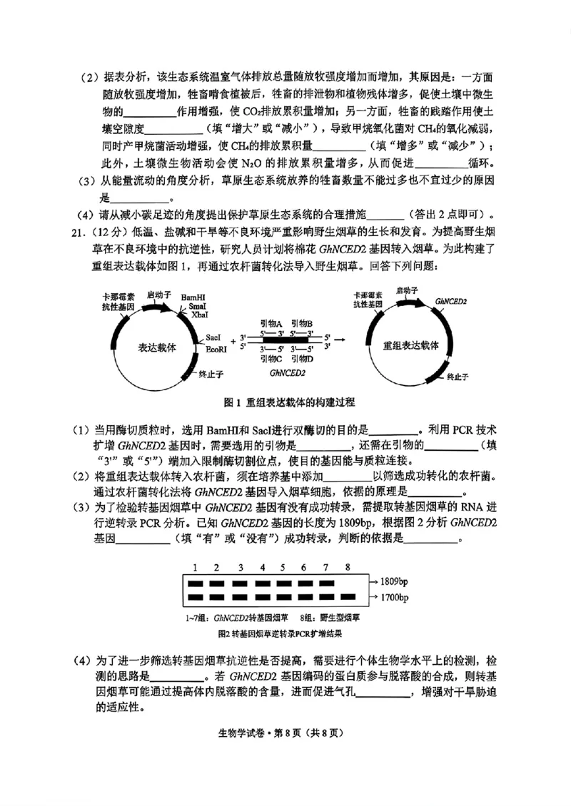 云南省红河州、文山州2026届高中毕业生高三年级第二次复习统一检测(红河文山二统)生物试卷_2024-2026高三（6-6月题库）_2026年02月高三试卷