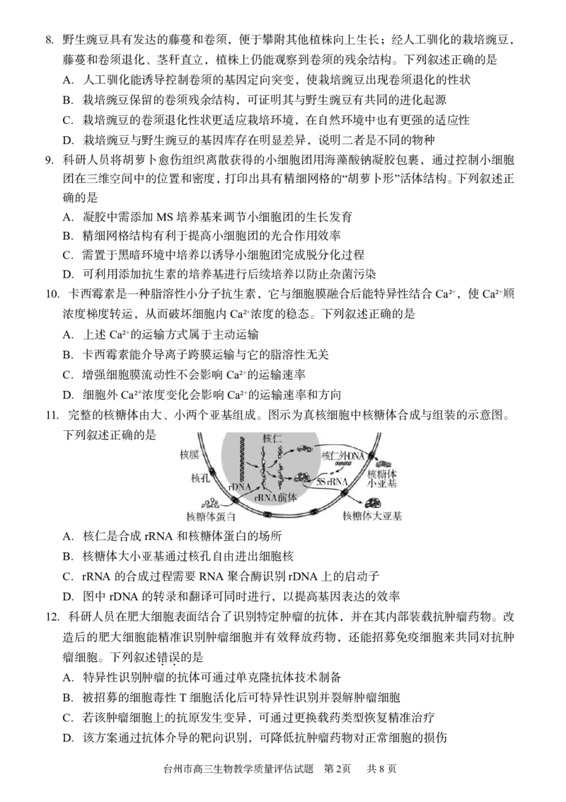 生物试题_2024-2026高三（6-6月题库）_2026年04月高三试卷_260412浙江台州市2026届高三第二次教学质量评估（全科）