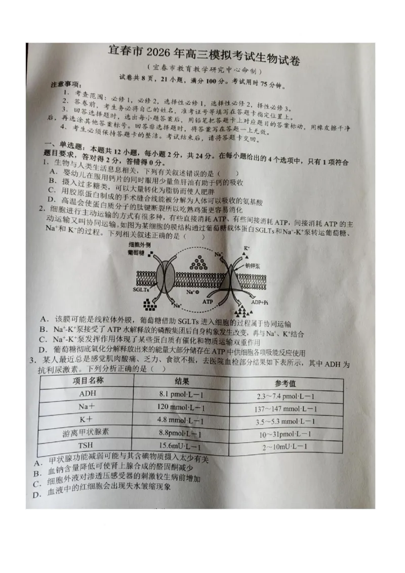 江西省宜春市2026届高三模拟考试生物试卷（图片版，含解析）_2024-2026高三（6-6月题库）_2026年04月高三试卷_260414江西省宜春市2026届高三二模考试