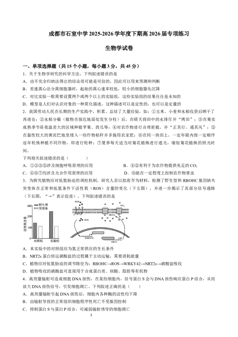 成都石室中学2025-2026学年度下期高2026届4月专项训练生物_2024-2026高三（6-6月题库）_2026年04月高三试卷_260423四川省成都石室中学2025-2026学年度下期高2026届4月专项训练（全科）