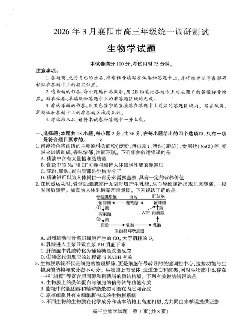 湖北襄阳市2026届高三年级3月统一调研测试生物试题(含答案）_2024-2026高三（6-6月题库）_2026年03月高三试卷_260310湖北襄阳市2026届高三年级3月统一调研测试（全科）