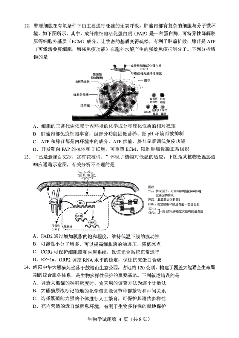 绵阳市2026年高考适应性考试生物_2024-2026高三（6-6月题库）_2026年04月高三试卷_260424四川省绵阳市2026年高考适应性考试（绵阳三诊）（全科）