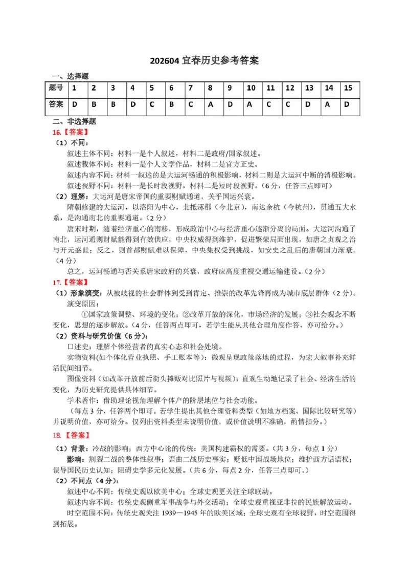历史答案_2024-2026高三（6-6月题库）_2026年04月高三试卷_260414江西省宜春市2026届高三二模考试_江西省宜春市2026届高三模拟考试历史试卷