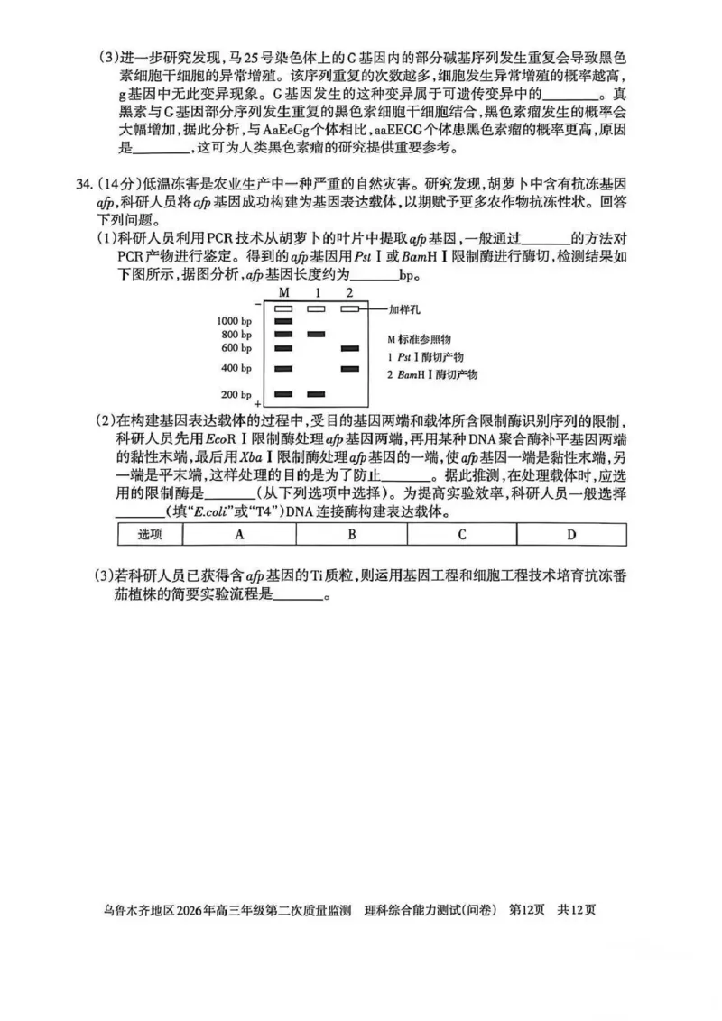 乌鲁木齐地区2026年高三年级第二次质量监测理综_2024-2026高三（6-6月题库）_2026年03月高三试卷_260328新疆乌鲁木齐地区2026年高三年级第二次质量监测（全科）