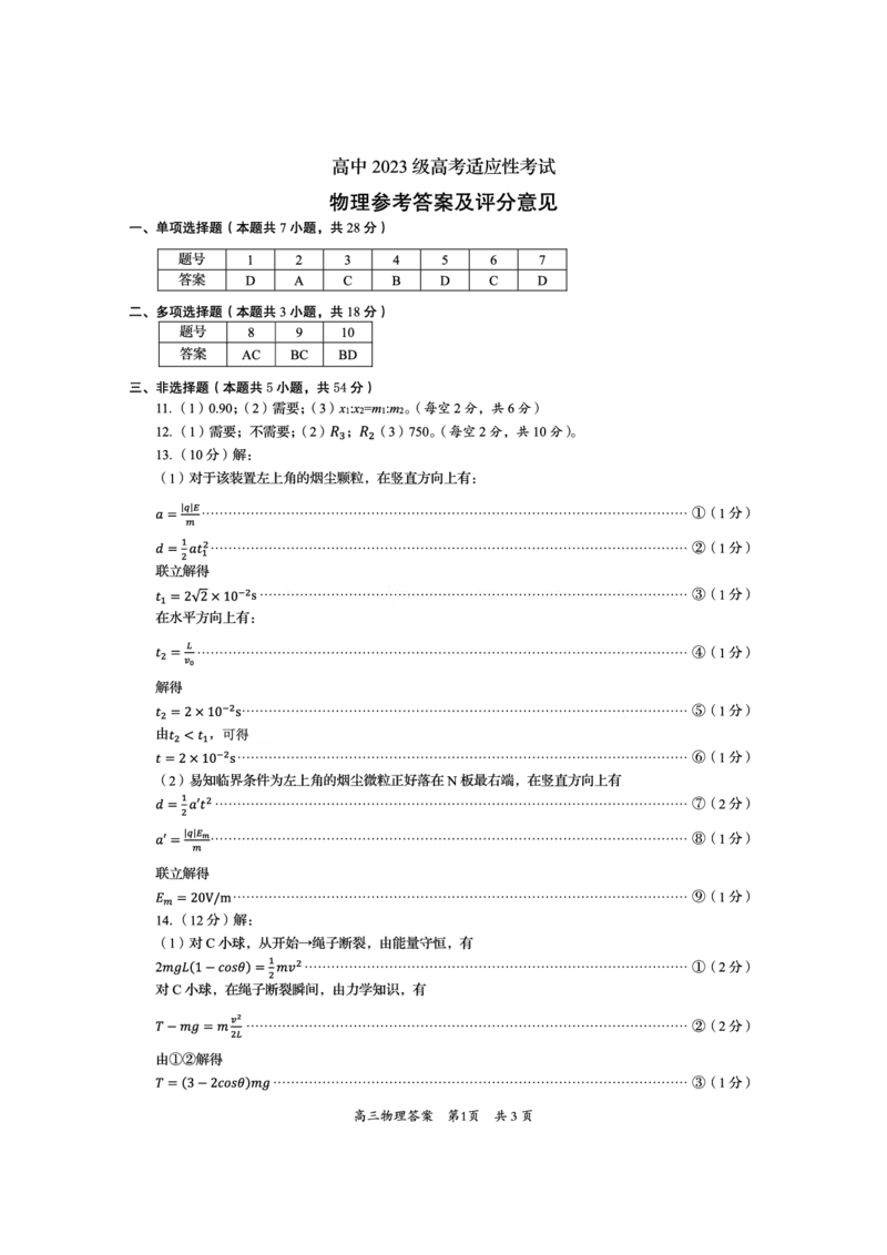 资阳市高中2023级高考适应性考试物理答案_2024-2026高三（6-6月题库）_2026年04月高三试卷_260417四川省资阳市高中2023级高考适应性考试（全科）