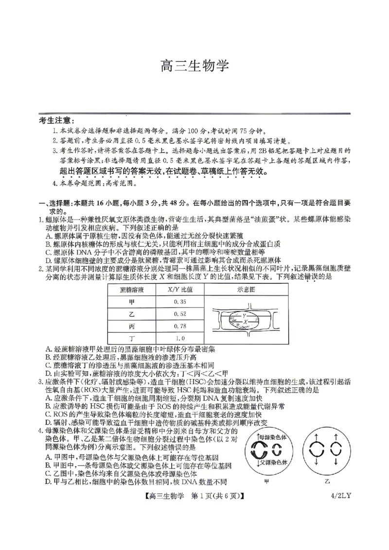 九师联盟2025-2026学年高三下学期4月27生物_2024-2026高三（6-6月题库）_2026年04月高三试卷_260429九师联盟2025-2026学年高三下学期4月27-28联考（全科）