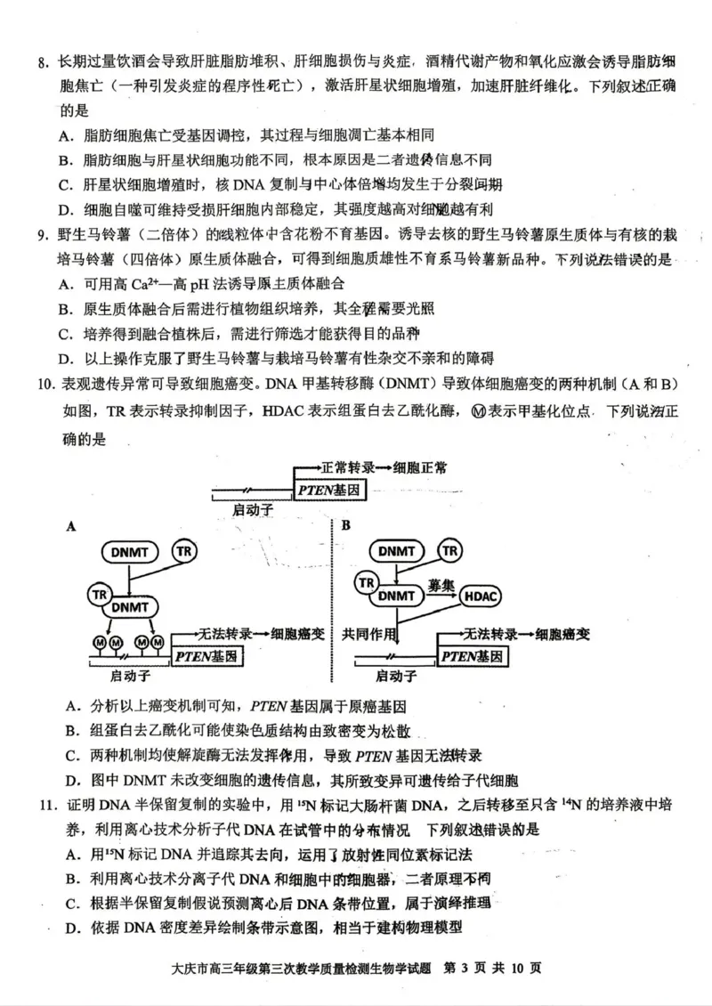 大庆市2026届高三年级第三次教学质量检测生物+答案_2024-2026高三（6-6月题库）_2026年04月高三试卷_260419黑龙江大庆市2026届高三年级第三次教学质量检测(全科）