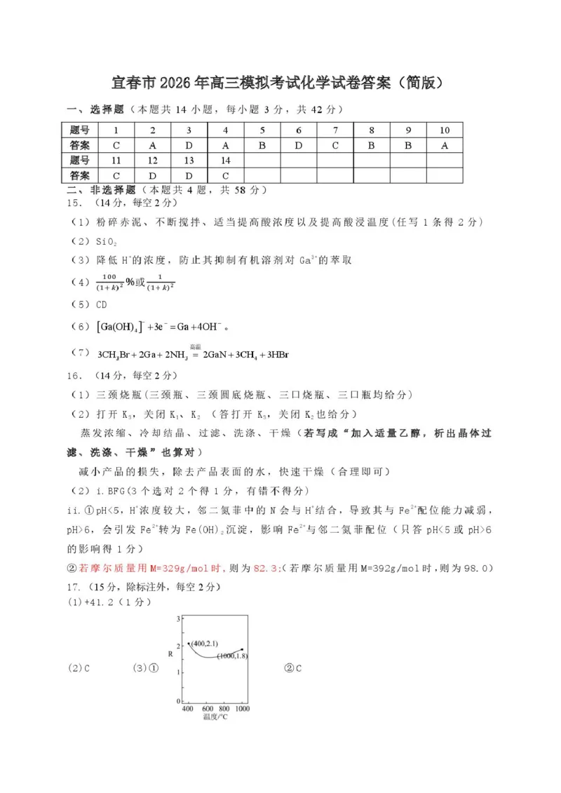 江西省宜春市2026届高三模拟考试化学答案_2024-2026高三（6-6月题库）_2026年04月高三试卷_260414江西省宜春市2026届高三二模考试_江西省宜春市2026届高三模拟考试化学试卷