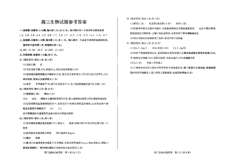 生物答案_2024-2026高三（6-6月题库）_2026年03月高三试卷_250309山东德州市2026届高三一模考试（全科）