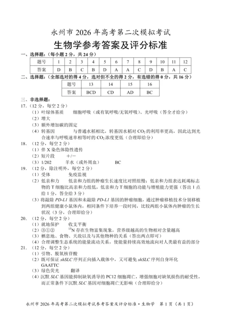 永州市2026年高考第二次模拟考试生物答案_2024-2026高三（6-6月题库）_2026年02月高三试卷_260202湖南省永州市2026年高考第二次模拟考试（全科）