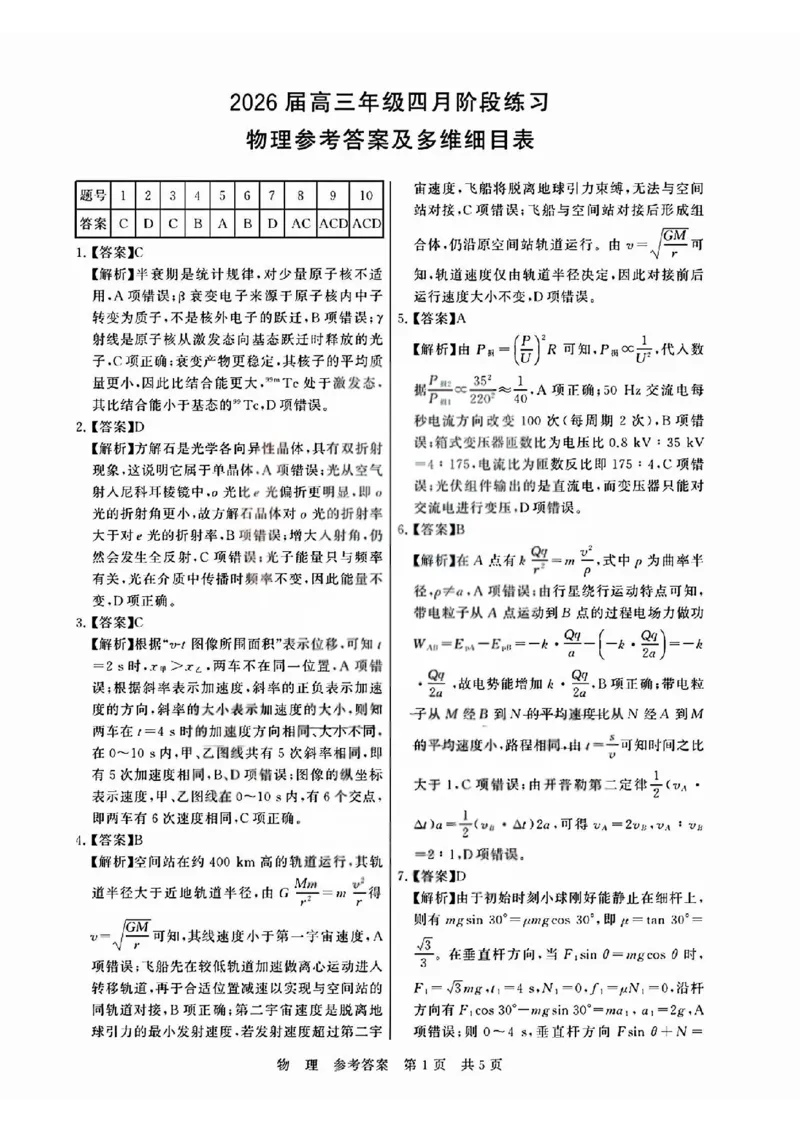 T8联考2026届高三4月阶段练习（湖北版）物理+答案_2024-2026高三（6-6月题库）_2026年04月高三试卷_2604112026届八省八校T8联考高三下学期4月联合测评（全科）
