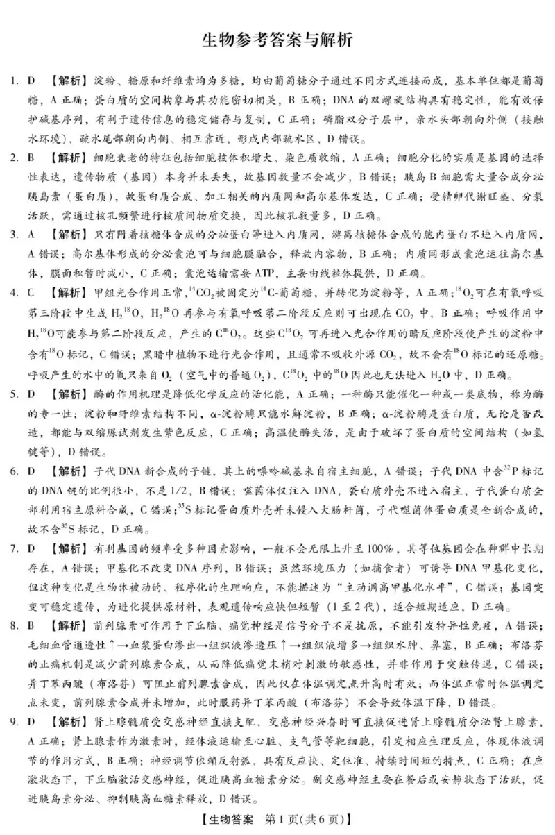河北省琢名小渔名校联考2026届高三年级开学调研检测生物答案_2024-2026高三（6-6月题库）_2026年03月高三试卷_260310河北省琢名小渔名校联考2026届高三年级开学调研检测（全科）