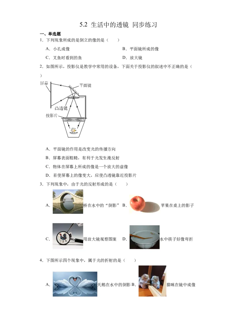 5.2生活中的透镜同步练习-2022-2023学年人教版物理八年级上册_初物_2024人教版初中物理八九年级上下册课件教案PPT试题电子版资料_八年级上册试卷_同步练习_第五章透镜及其应用