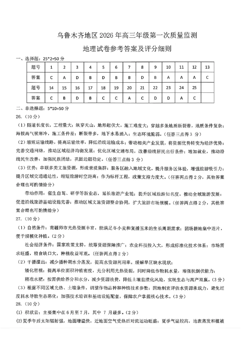 地理答案_2024-2026高三（6-6月题库）_2026年02月高三试卷_260201新疆乌鲁木齐地区2026年高三年级第一次质量监测（全科）_新疆乌鲁木齐地区2026年高三年级第一次质量监测地理