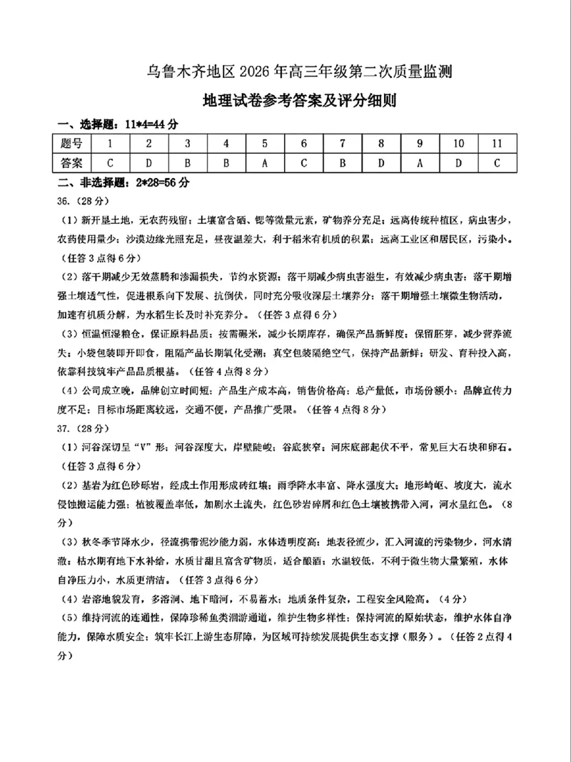 乌鲁木齐地区2026年高三年级第二次质量监测文综答案_2024-2026高三（6-6月题库）_2026年03月高三试卷_260328新疆乌鲁木齐地区2026年高三年级第二次质量监测（全科）