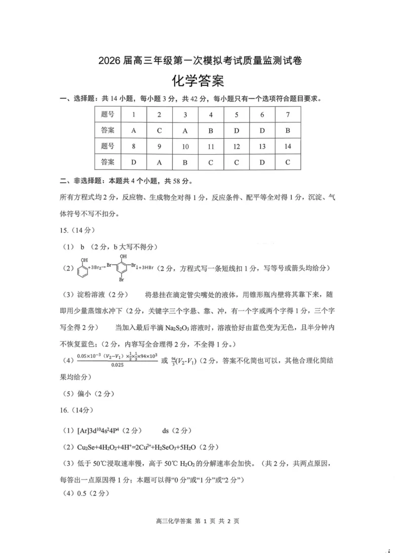 山西省大同市2026届高三年级第一次模拟考试质量监测化学试卷（含答案）_2024-2026高三（6-6月题库）_2026年03月高三试卷_250309山西大同2026届高三第一次模拟考试质量监测（全科）