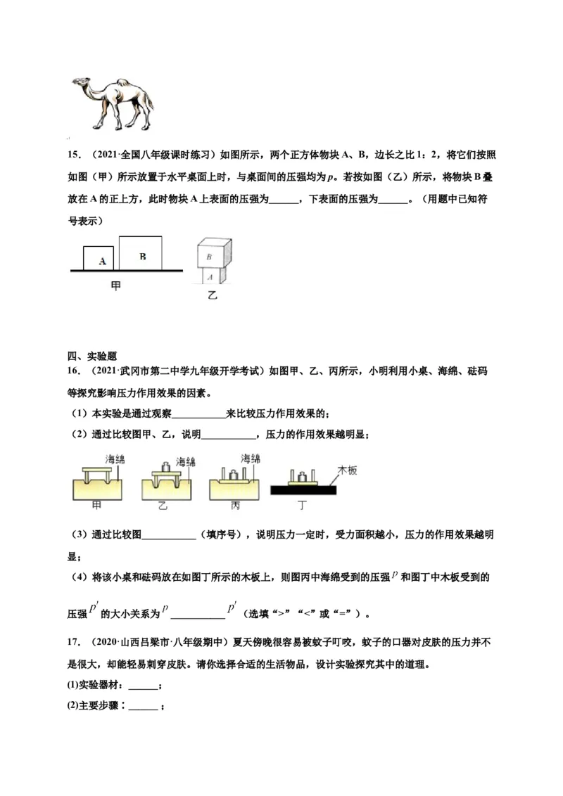 9.1压强-2020-2021学年八年级物理下册课时同步练（人教版）（原卷版）_初物_人教版初中物理初二三同步讲义习题练习八九年级电子资料word素材_20250116_181533_最新人教版初中物理初二下册