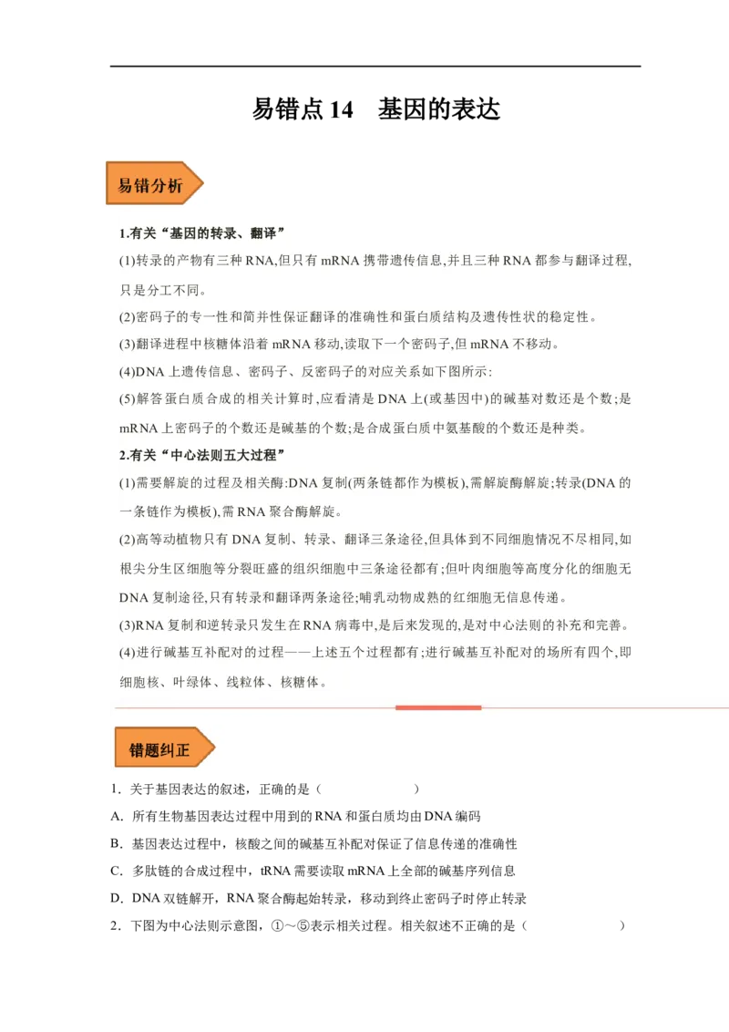 易错点14基因的表达-备战2023年高考生物考试易错题（新教材新高考）（原卷版）_新高考复习资料_2023年新高考复习资料_专项复习_备战2023年高考生物考试易错题（新教材新高考）