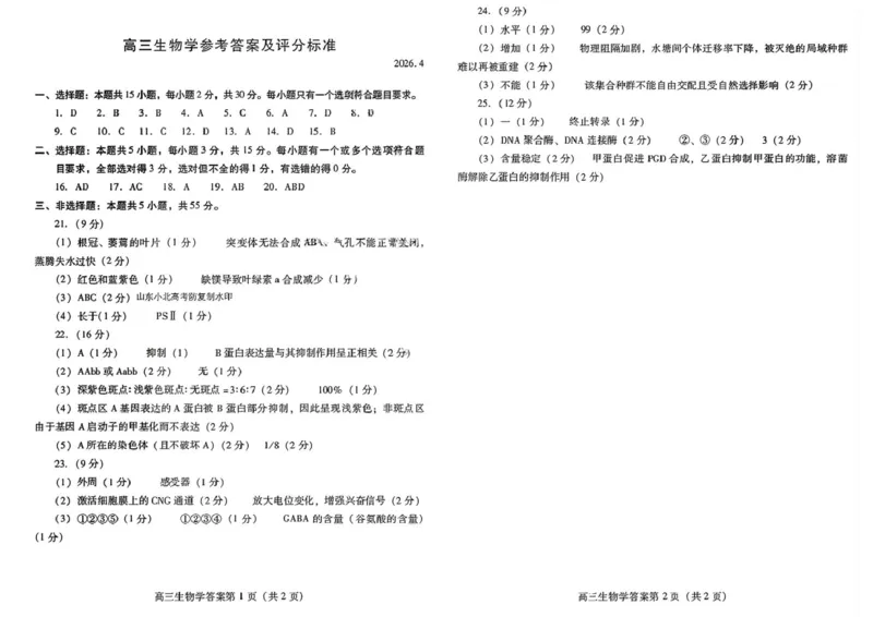 山东潍坊市2026届高三二模生物学答案_2024-2026高三（6-6月题库）_2026年04月高三试卷_260424山东省潍坊市2026届高三二模考试（全科）_山东省潍坊市2026届高三二模考试生物试题（含答案）