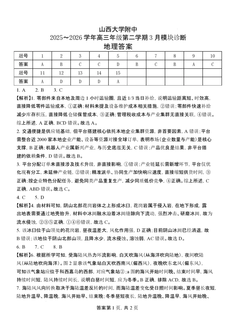 山西大学附中2025～2026学年高三年级第二学期3月模块诊断地理答案_2024-2026高三（6-6月题库）_2026年03月高三试卷_山西大学附属中学校2025-2026学年高三年级第二学期3月模块诊断地理试题