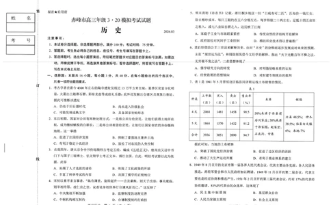 赤峰市2026年高三3&middot;20模拟测试历史_2024-2026高三（6-6月题库）_2026年03月高三试卷_260328内蒙古赤峰市2026年高三3&middot;20模拟测试（全科）