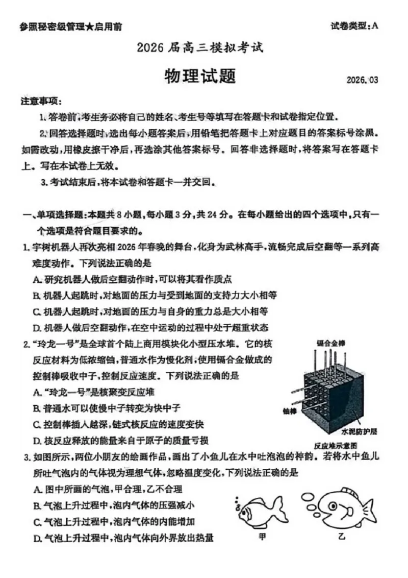 物理试题卷山东卷山东省枣庄市2026届高三年级模拟考试（枣庄二调）(3.25-3.27)_2024-2026高三（6-6月题库）_2026年03月高三试卷_物理