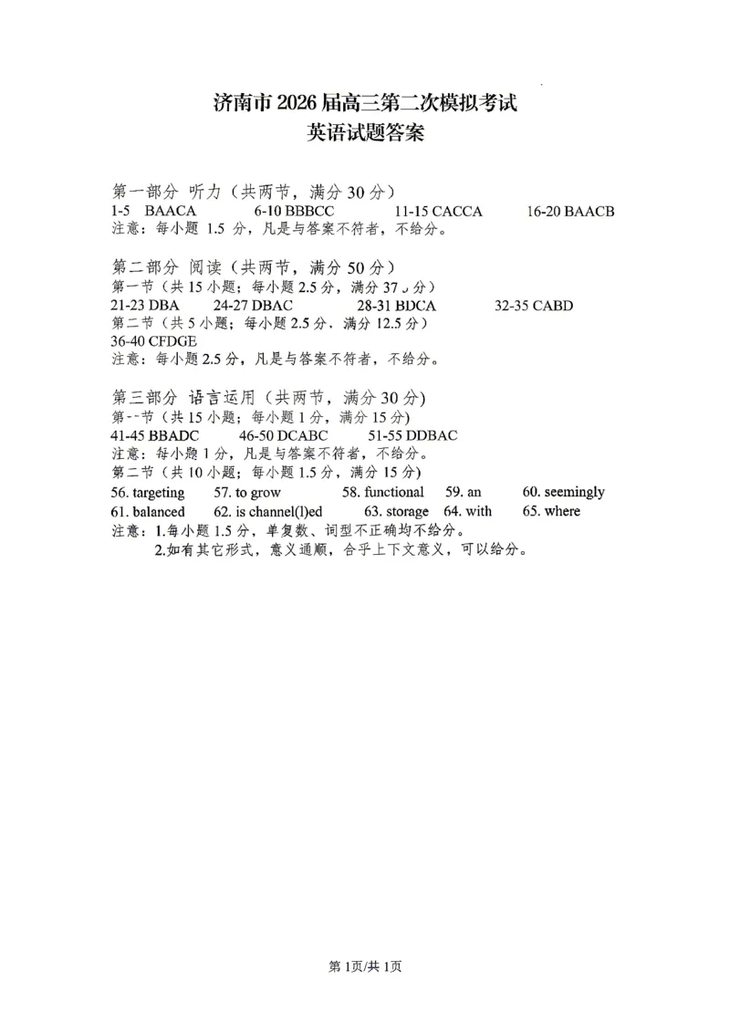 济南市2026届高三第二次模拟考试答案_2024-2026高三（6-6月题库）_2026年04月高三试卷_260418山东省济南市2026届高三第二次模拟考试（全科）_山东省济南市2026届高三第二次模拟考试英语