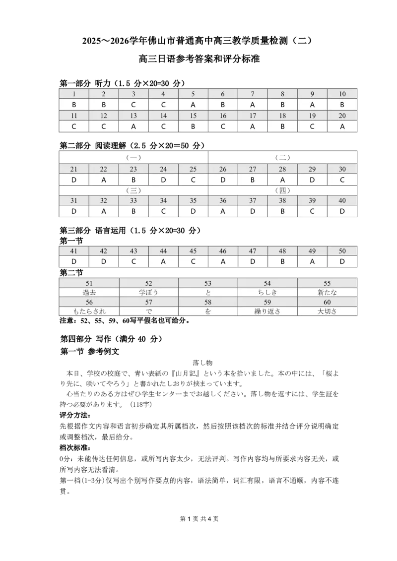 日语试题卷官方答案_2024-2026高三（6-6月题库）_2026年04月高三试卷_260416广东省佛山市2025-2026学年佛山市普通高中教学质量检测（二）（全科）