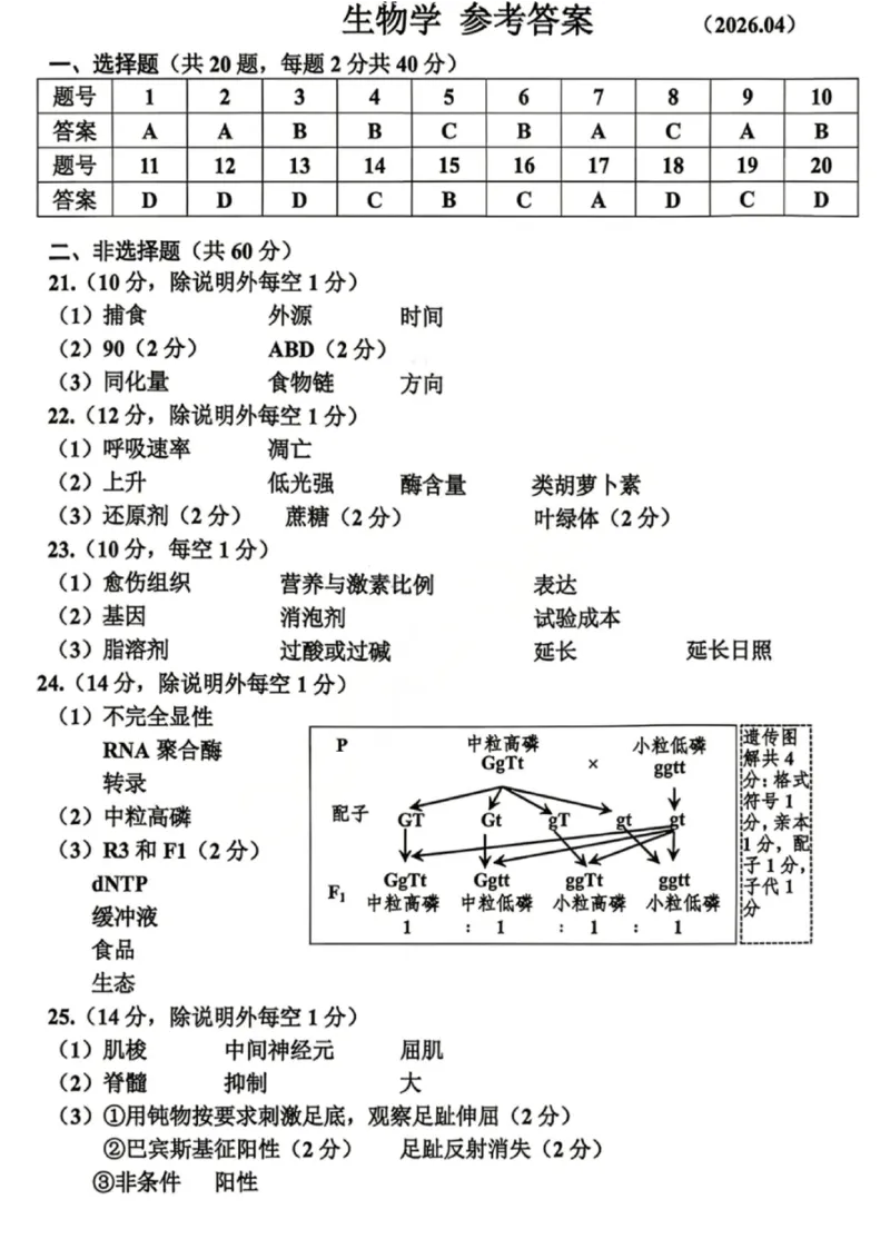 嘉兴二模生物答案_2024-2026高三（6-6月题库）_2026年04月高三试卷_260411浙江省嘉兴市2025-2026学年高三下学期二模（全科）_浙江省嘉兴市2025-2026学年高三下学期二模生物试题（含答案）