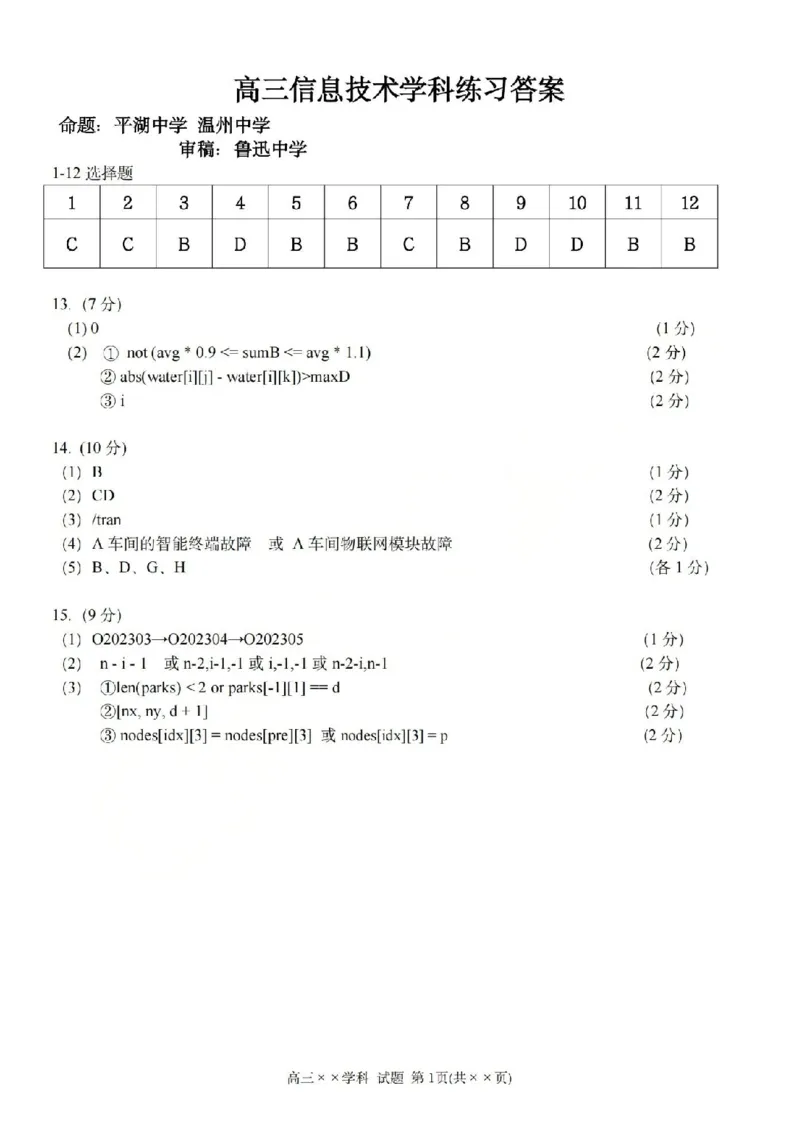 技术答案-2604天域协作体_2024-2026高三（6-6月题库）_2026年04月高三试卷_2604242026年天域全国名校协作体高三4月联考（全科）