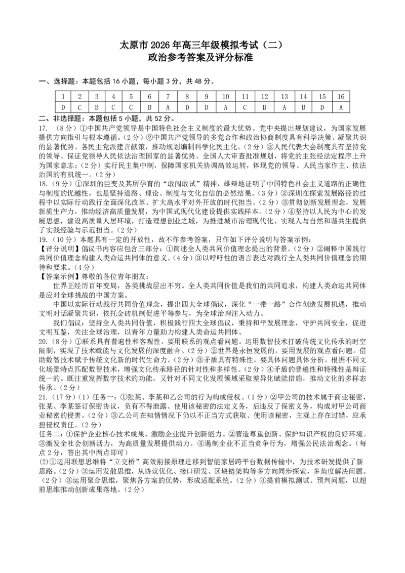 政治答案-26年太原高考二模_2024-2026高三（6-6月题库）_2026年04月高三试卷_260425山西省太原市2026年高三年级二模（太原二模）（全科）