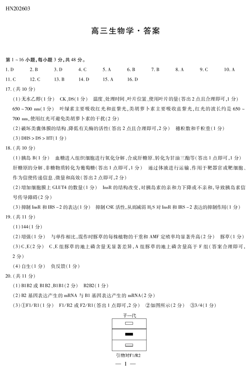 生物学高三素质评价简易答案_2024-2026高三（6-6月题库）_2026年03月高三试卷_260308天一大联考河南高三开学素质评价（全科）_天一大联考河南高三开学考素质评价生物答案