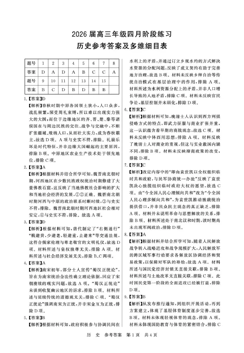 八省T8联考2026届高三年级四月阶段练习历史答案_2024-2026高三（6-6月题库）_2026年04月高三试卷_2604112026届八省八校T8联考高三下学期4月联合测评（全科）