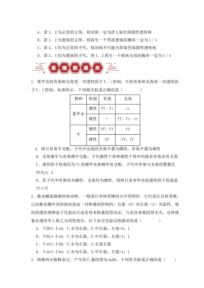 易错点07遗传规律常见错误（原卷版）_新高考复习资料_2024年新高考复习资料_❤专项复习资料_完备战2024年高考生物考试易错题（新高考专用）