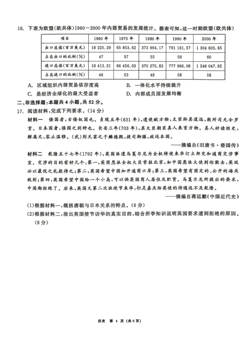 历史试题卷_2024-2026高三（6-6月题库）_2026年04月高三试卷_260427黑龙江省齐齐哈尔市2026届高三年级第二次联考（全科）