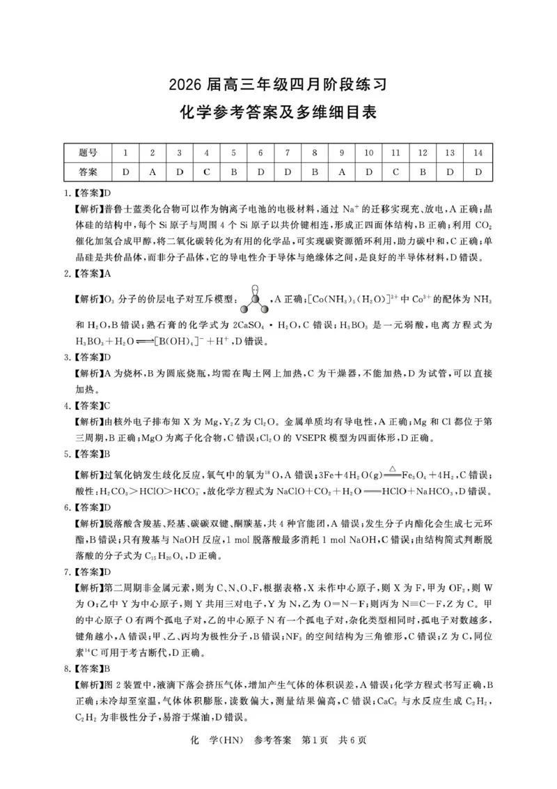 河南T8联考2026届高三四月阶段练习化学答案_2024-2026高三（6-6月题库）_2026年04月高三试卷_2604112026届八省八校T8联考高三下学期4月联合测评（全科）