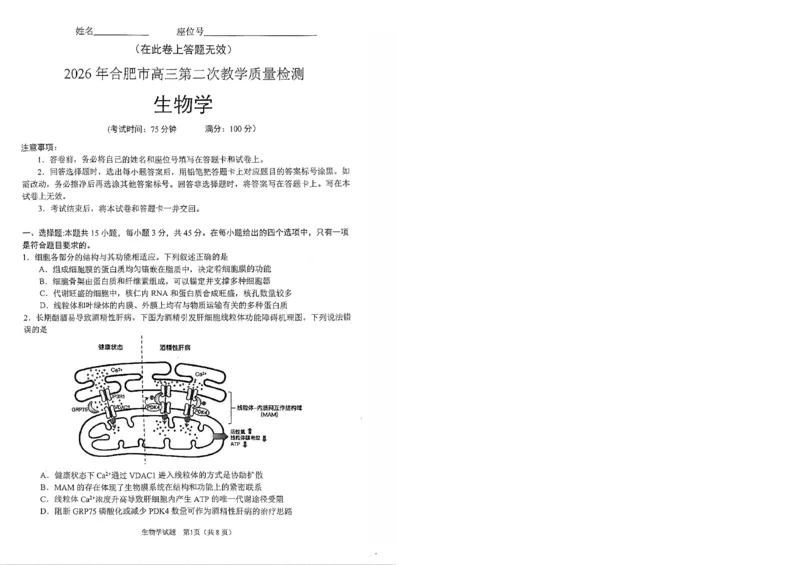 安徽省合肥市2026届高三下学期第二次教学质量检测生物卷及答案_2024-2026高三（6-6月题库）_2026年04月高三试卷