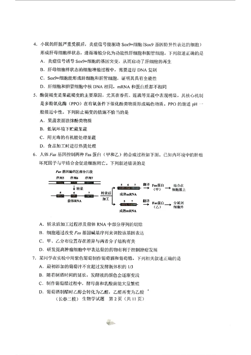 生物_长春市2026届高三质量监测(二)_2024-2026高三（6-6月题库）_2026年04月高三试卷_260410吉林省长春市2026届高三质量监测（二）长春二模（全科）