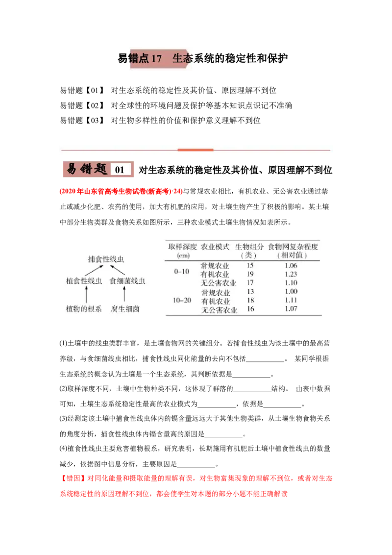 易错点17生态系统的稳定性和保护-2021年高考生物一轮复习易错题（教师版含解析）_新高考复习资料_2023年新高考复习资料_一轮复习_2023年新高考大一轮复习讲义
