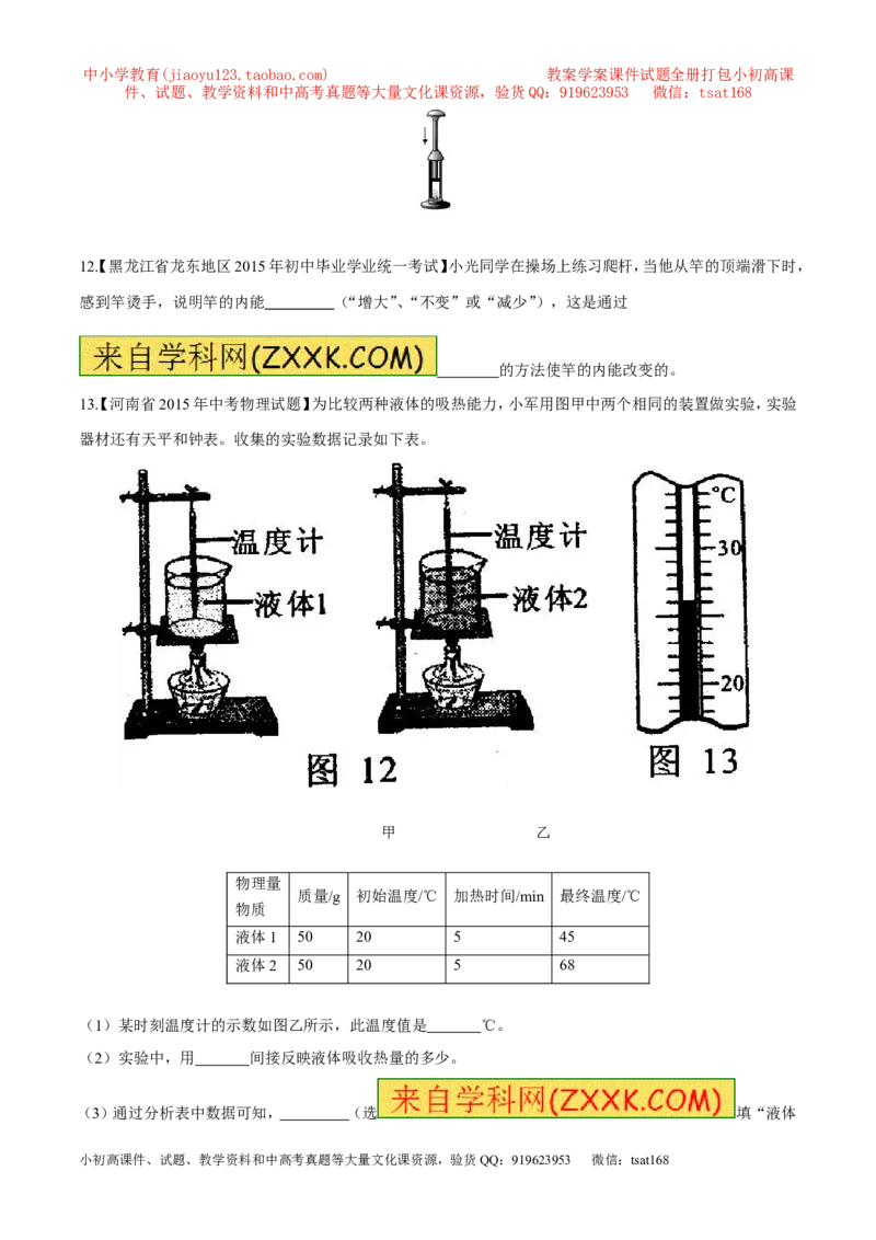 专题11内能和比热容-2年中考1年模拟备战2016年中考物理精品系列（各省统一命题专版）（原卷版）_初物_1初中物理_物理：2年中考1年模拟备战2016年中考物理精品系列全套打包30份