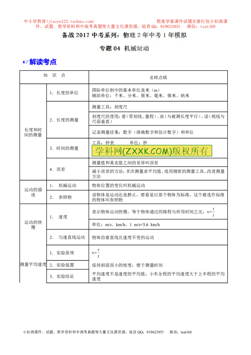 专题04机械运动-2年中考1年模拟备战2017年中考物理精品系列（各省统一命题专版）（原卷版）_初物_1初中物理_物理：2017年中考物理2年中考1年模拟精品系列全套打包30份