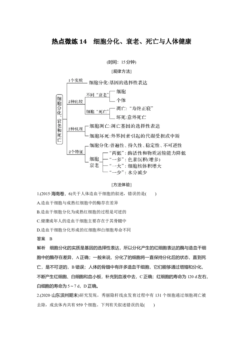 热点微练14　细胞分化、衰老、死亡与人体健康_新高考复习资料_2023年新高考复习资料_一轮复习_2023年新高考大一轮复习讲义_2023年高考生物一轮复习讲义（新人教新高考）_赠补充习题
