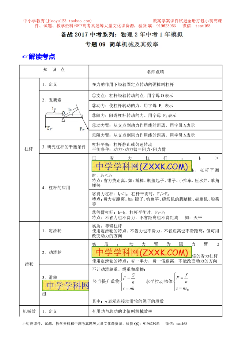 专题09简单机械及其效率-2年中考1年模拟备战2017年中考物理精品系列（各省统一命题专版）（原卷版）_初物_1初中物理_物理：2017年中考物理2年中考1年模拟精品系列全套打包30份