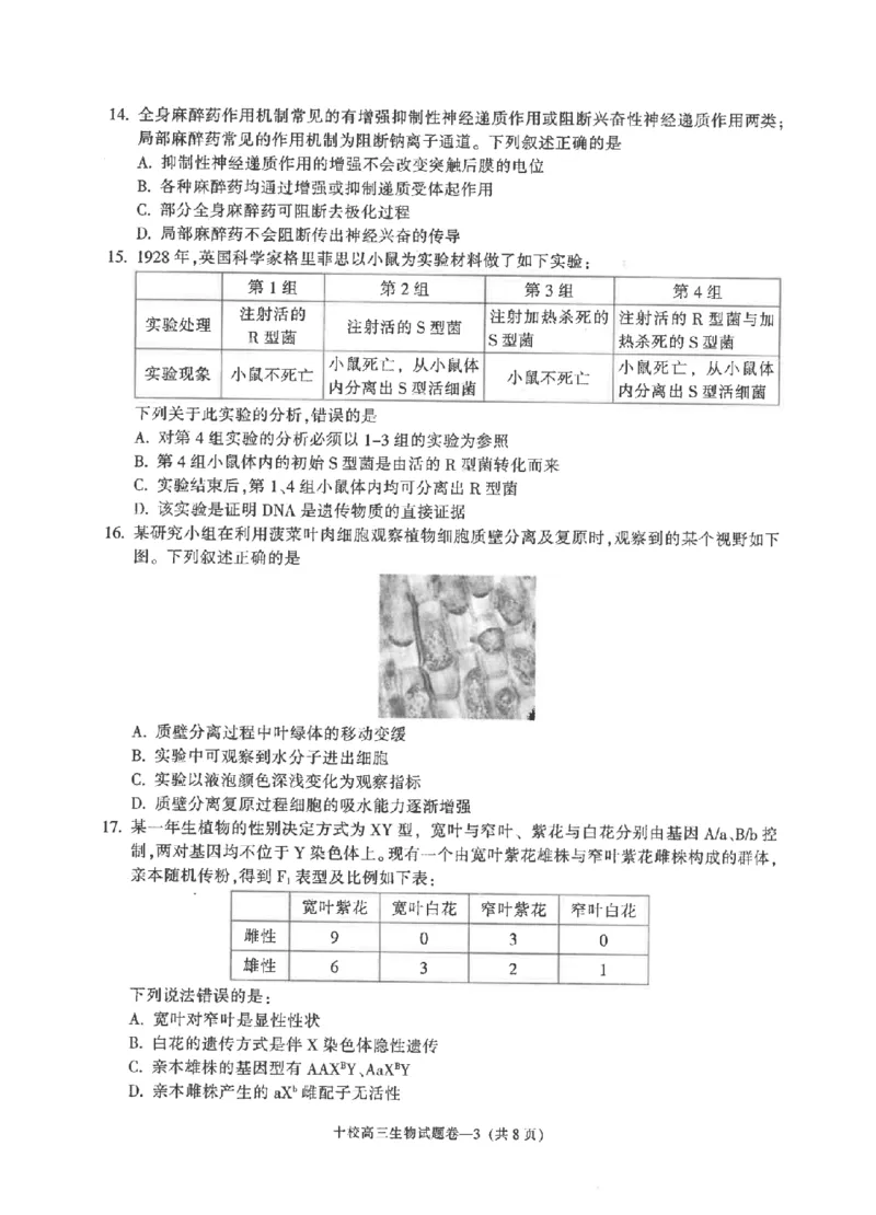 金华十校2026年4月高三模拟考试生物_2024-2026高三（6-6月题库）_2026年04月高三试卷_260412浙江省金华十校2026年4月高三模拟考试（全科）